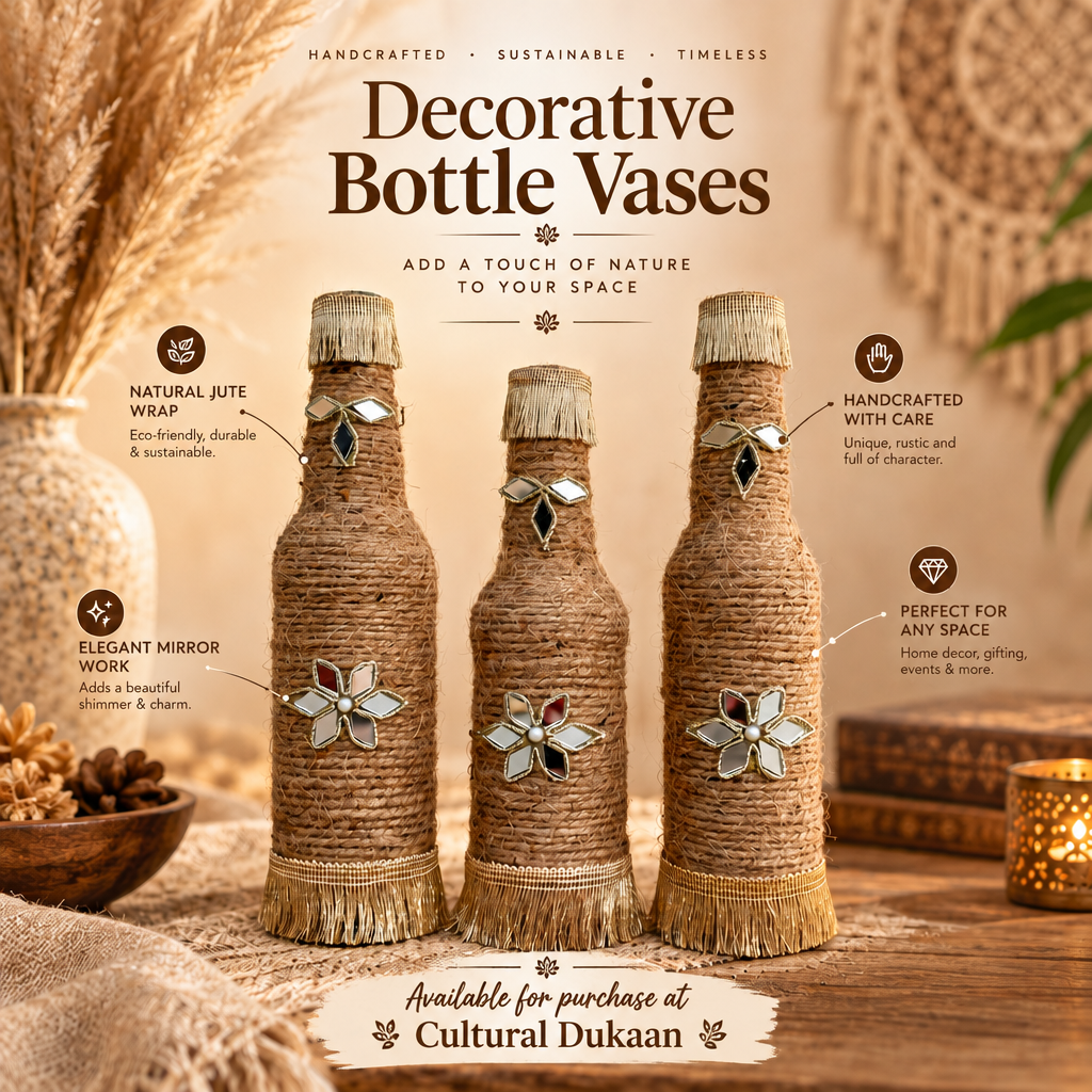 Set of 3 premium Handmade Jute Bottle Vases with Decorative Mirror Work