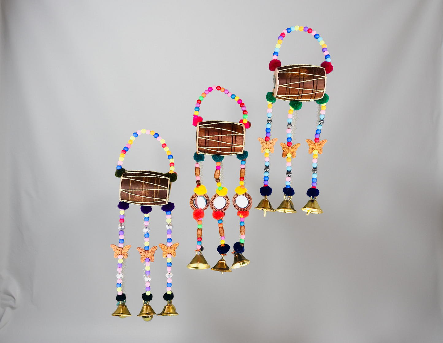 Set of 3 Handmade Door Bell Rings Mini Dhol / Drum Wind Chimes Dholki Home Decor