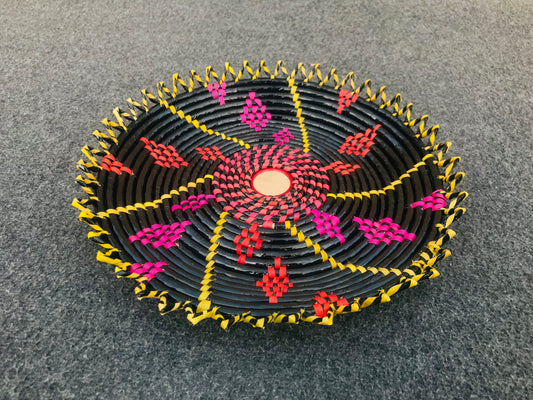 Set of 2 Handwoven Changair / Chhabi Black Design with Mirror – 12 Inches Wall Décor & Serving Basket