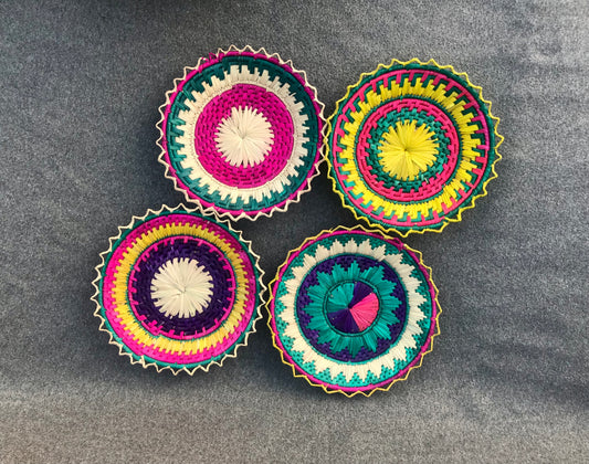 Set of 4 Date Palm Leaf Handmade Bread Baskets / Changair / Chhabi – 12 -13 Inches | Multicolored Wall Décor & Serving Baskets
