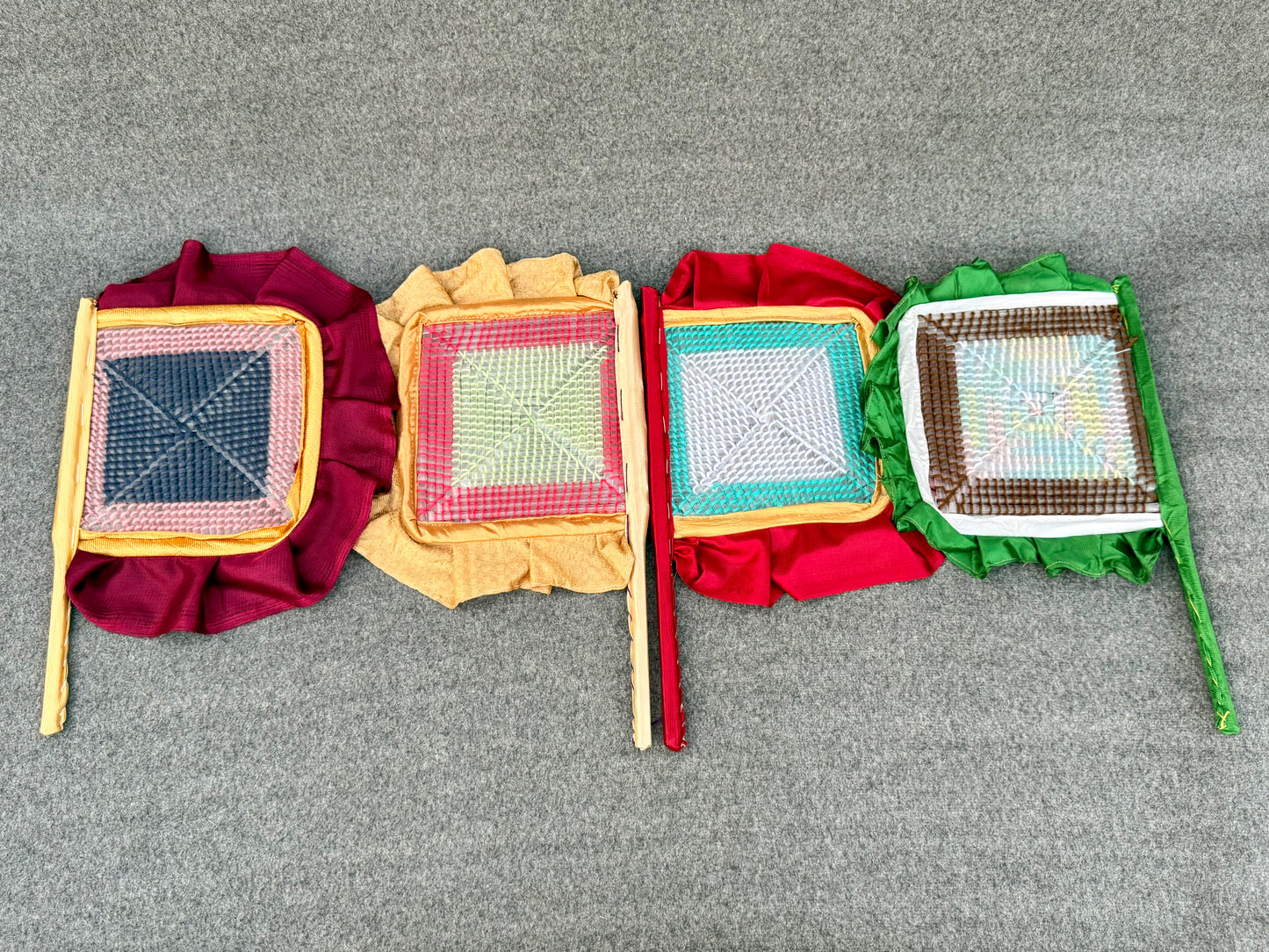 Bundle of 5 Traditional Handmade Straw & Pashmina Thread Multicolor Handfans