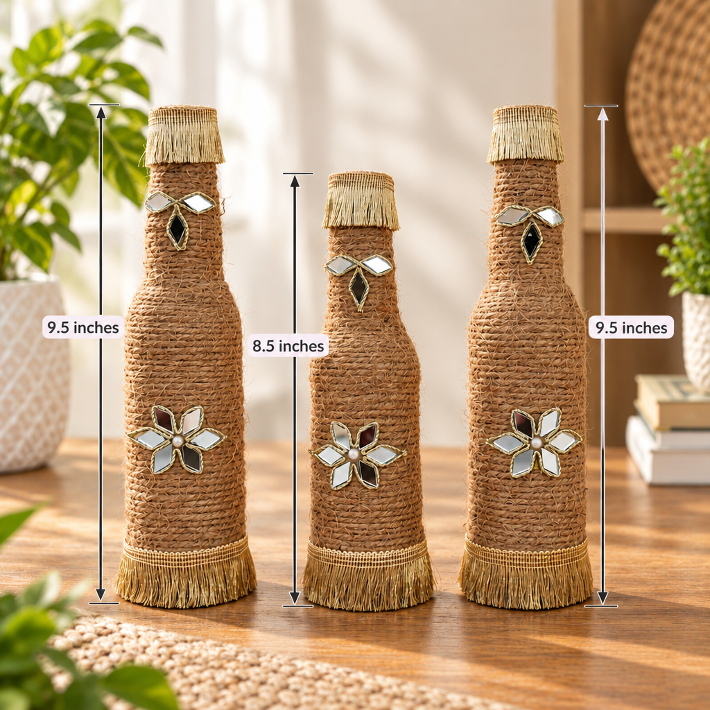 Set of 3 premium Handmade Jute Bottle Vases with Decorative Mirror Work