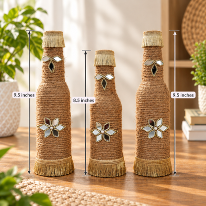 Set of 3 premium Handmade Jute Bottle Vases with Decorative Mirror Work