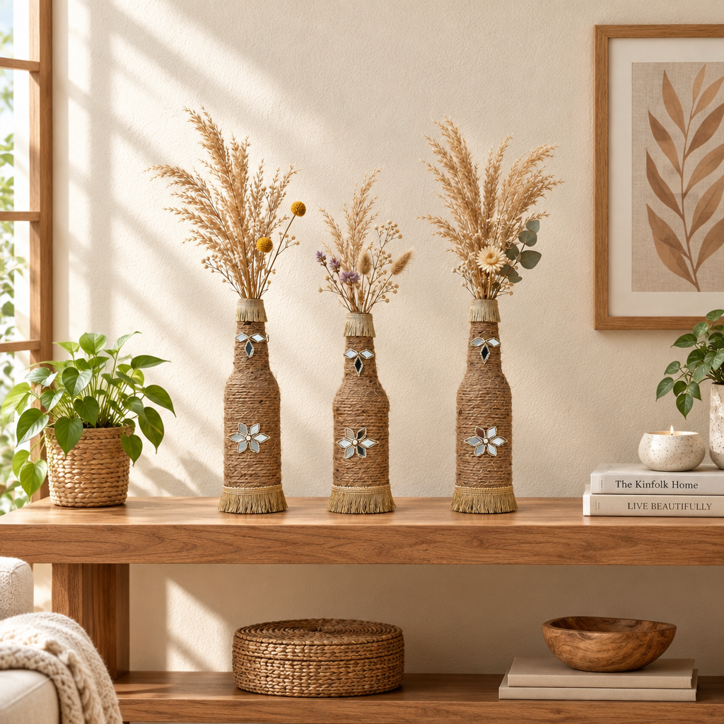 Set of 3 premium Handmade Jute Bottle Vases with Decorative Mirror Work