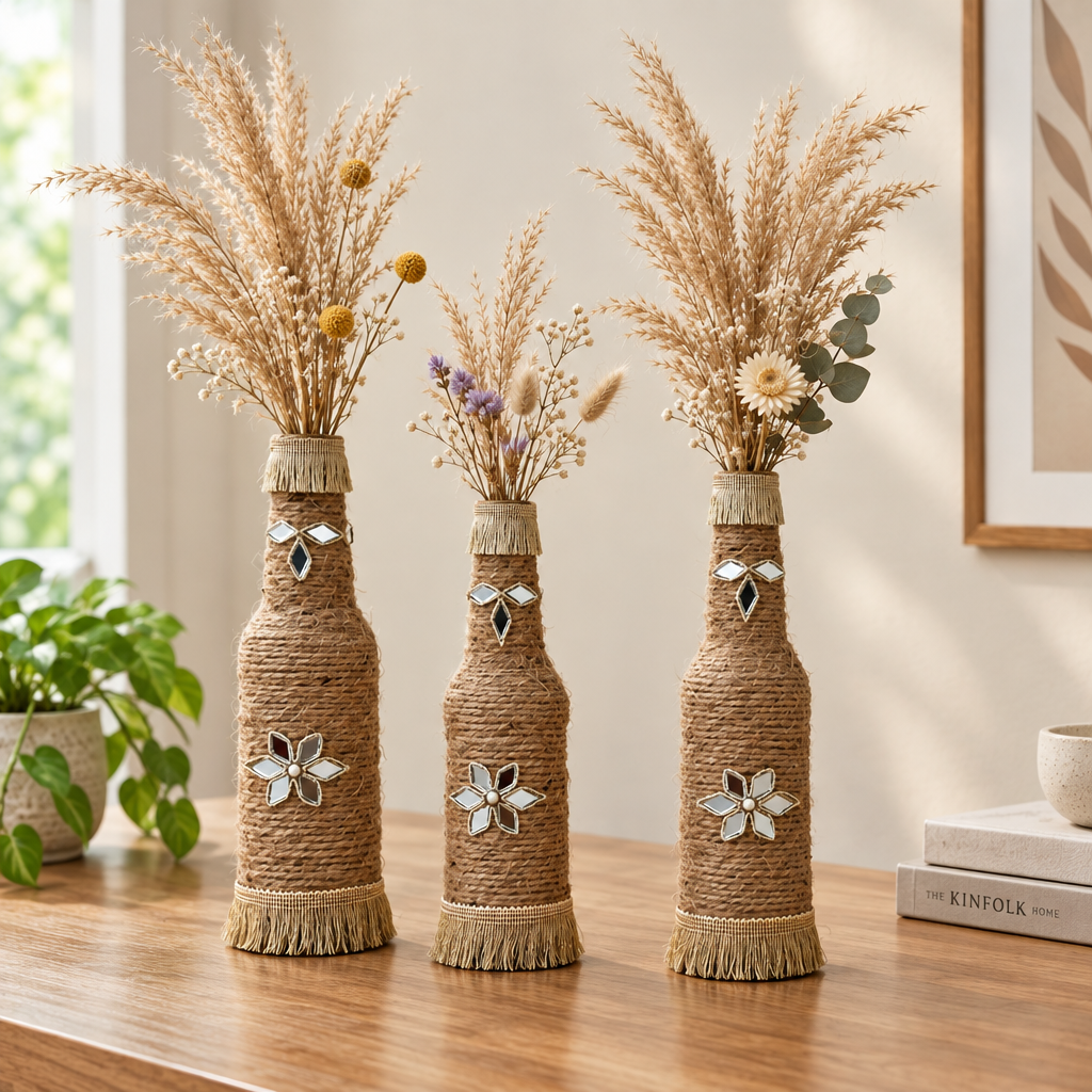 Set of 3 premium Handmade Jute Bottle Vases with Decorative Mirror Work