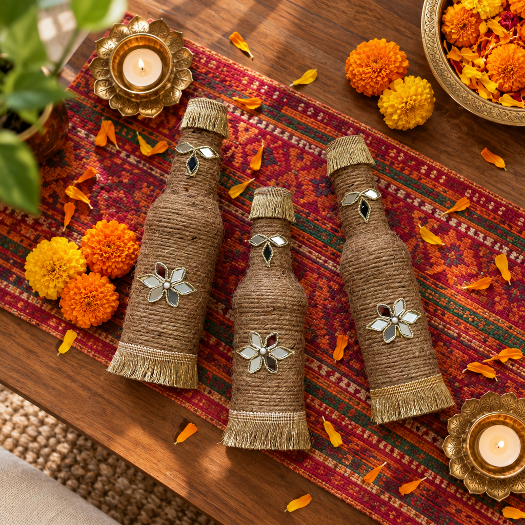 Set of 3 premium Handmade Jute Bottle Vases with Decorative Mirror Work