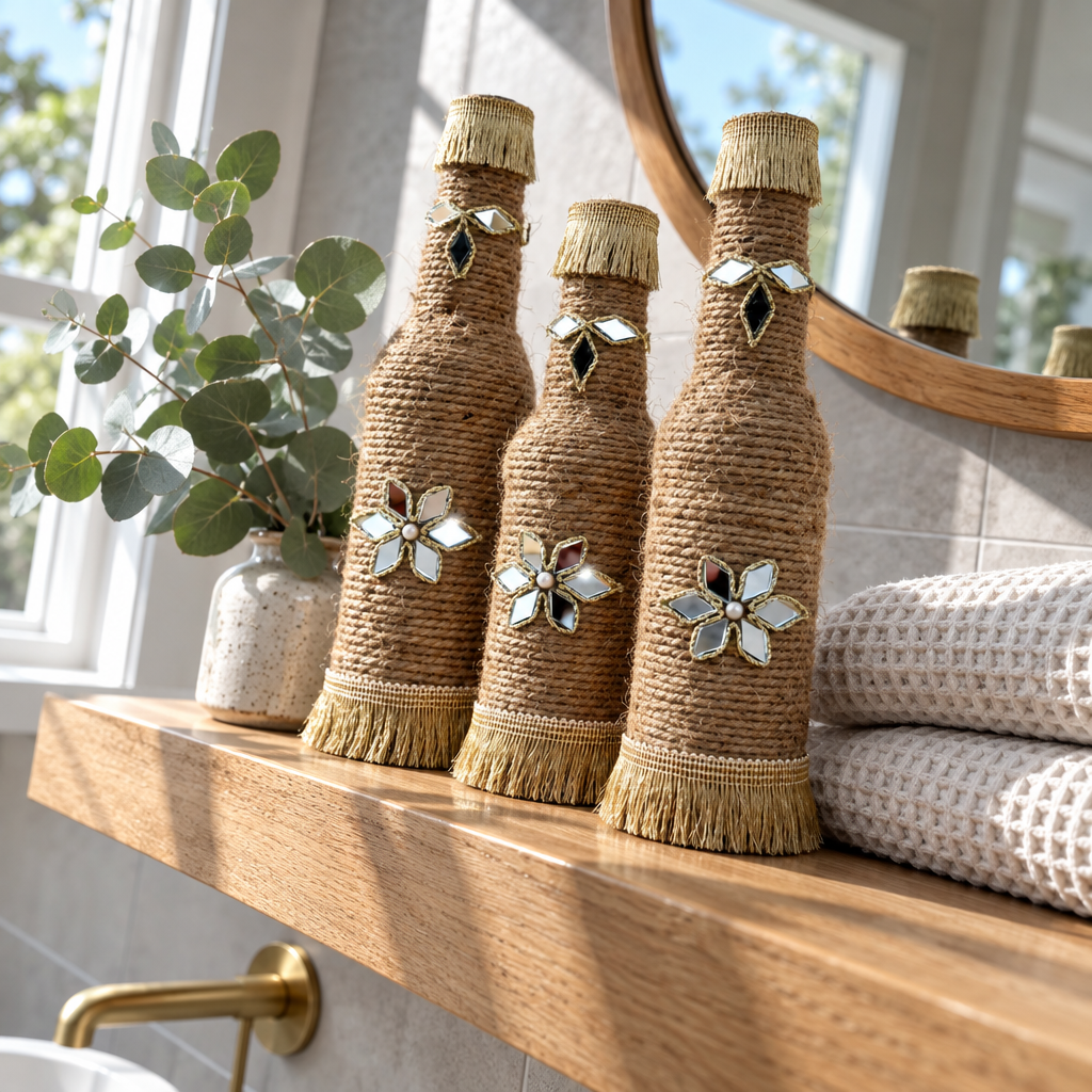 Set of 3 premium Handmade Jute Bottle Vases with Decorative Mirror Work