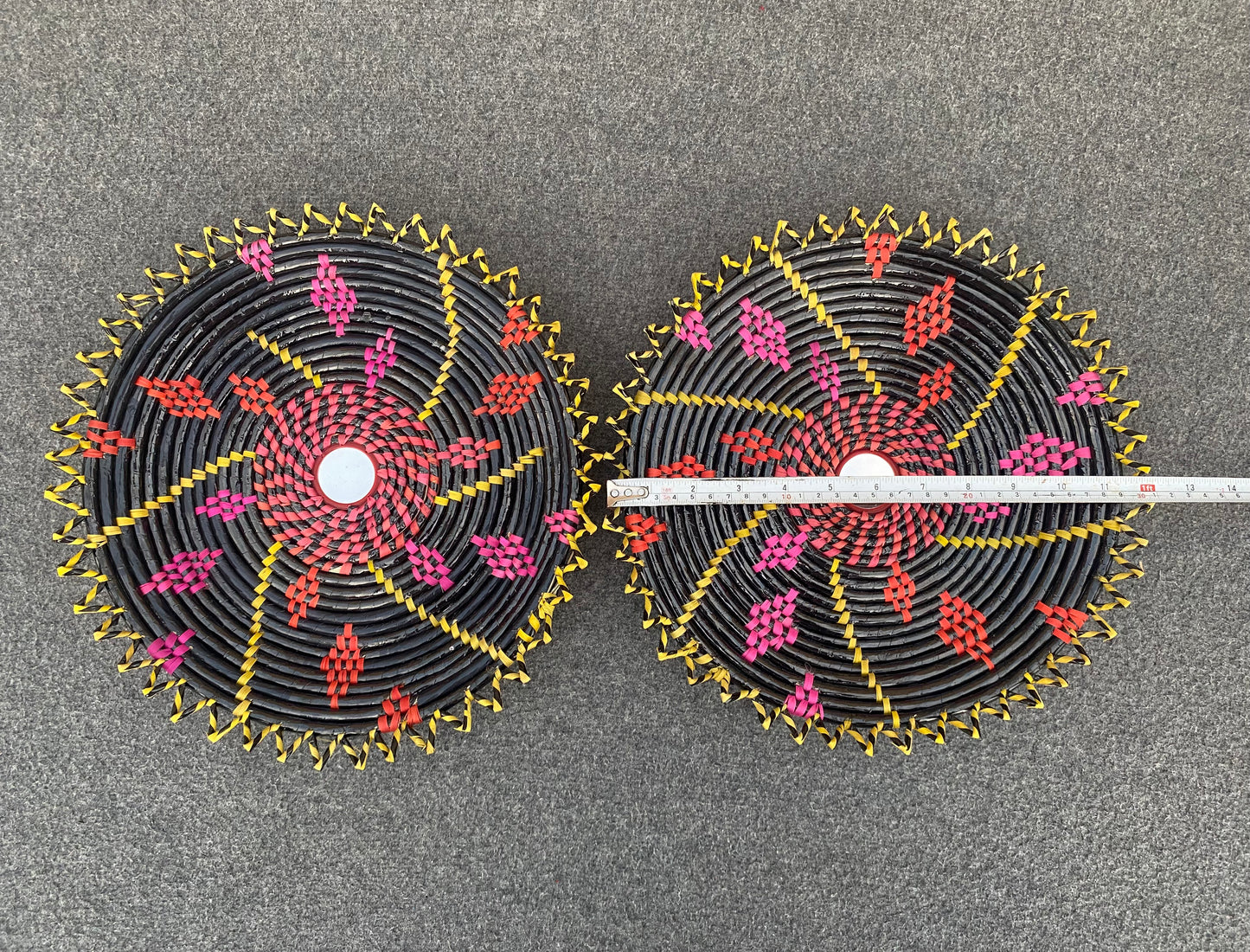 Set of 2 Handwoven Multicolored Date Leaf Bread Baskets / Changair / Chhabi – 12 Inches  Wall Décor & Serving Basket