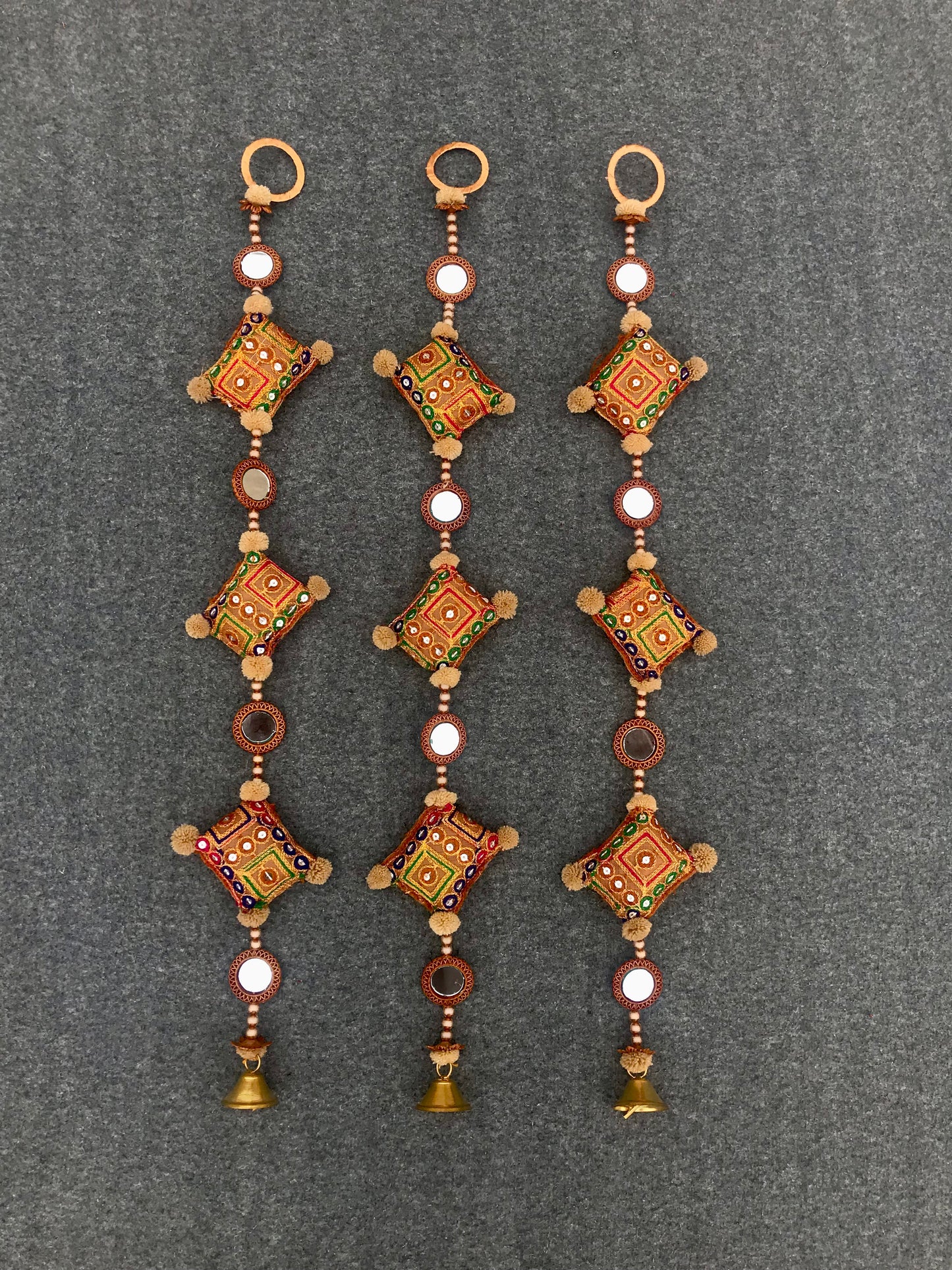 Set of 3 Traditional Handmade Mini Cushion Design Brown Colored Wind Chimes Home Decor Wall Hanging