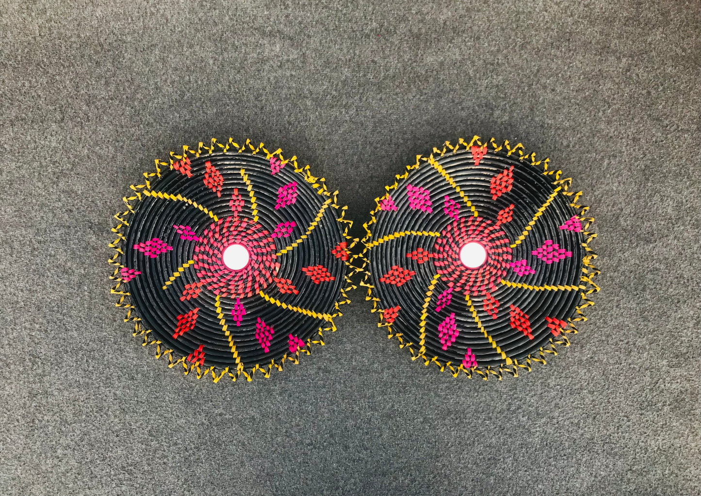 Set of 2 Handwoven Multicolored Date Leaf Bread Baskets / Changair / Chhabi – 12 Inches  Wall Décor & Serving Basket