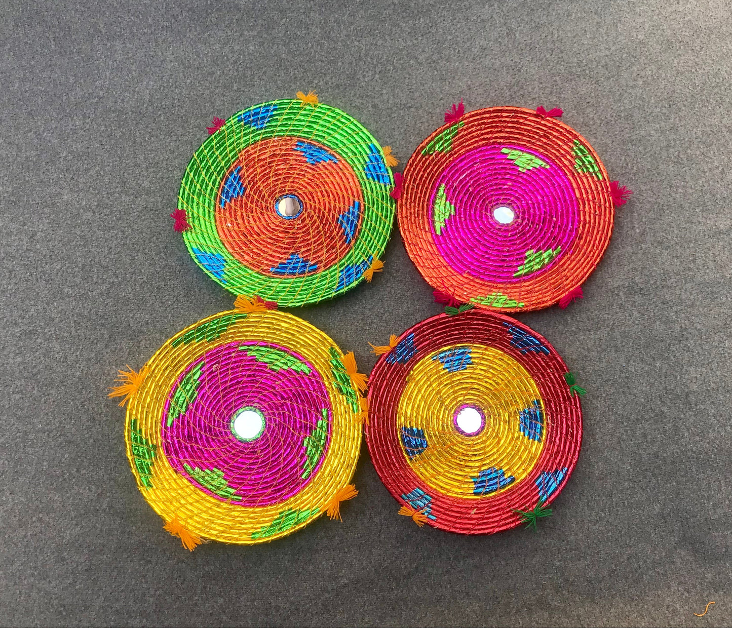 Set of 4 Date Palm Leaf Handmade Bread Baskets / Changair / Chhabi – 12 Inches | Multicolored Wall Décor & Serving Baskets