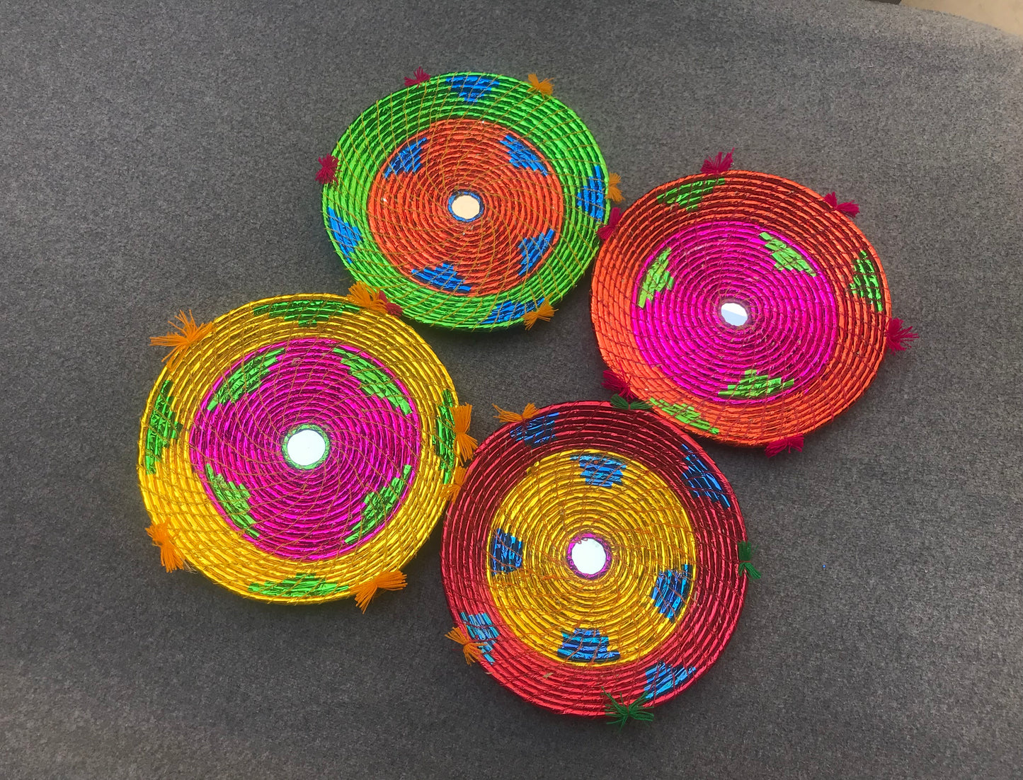 Set of 4 Date Palm Leaf Handmade Bread Baskets / Changair / Chhabi – 12 Inches | Multicolored Wall Décor & Serving Baskets