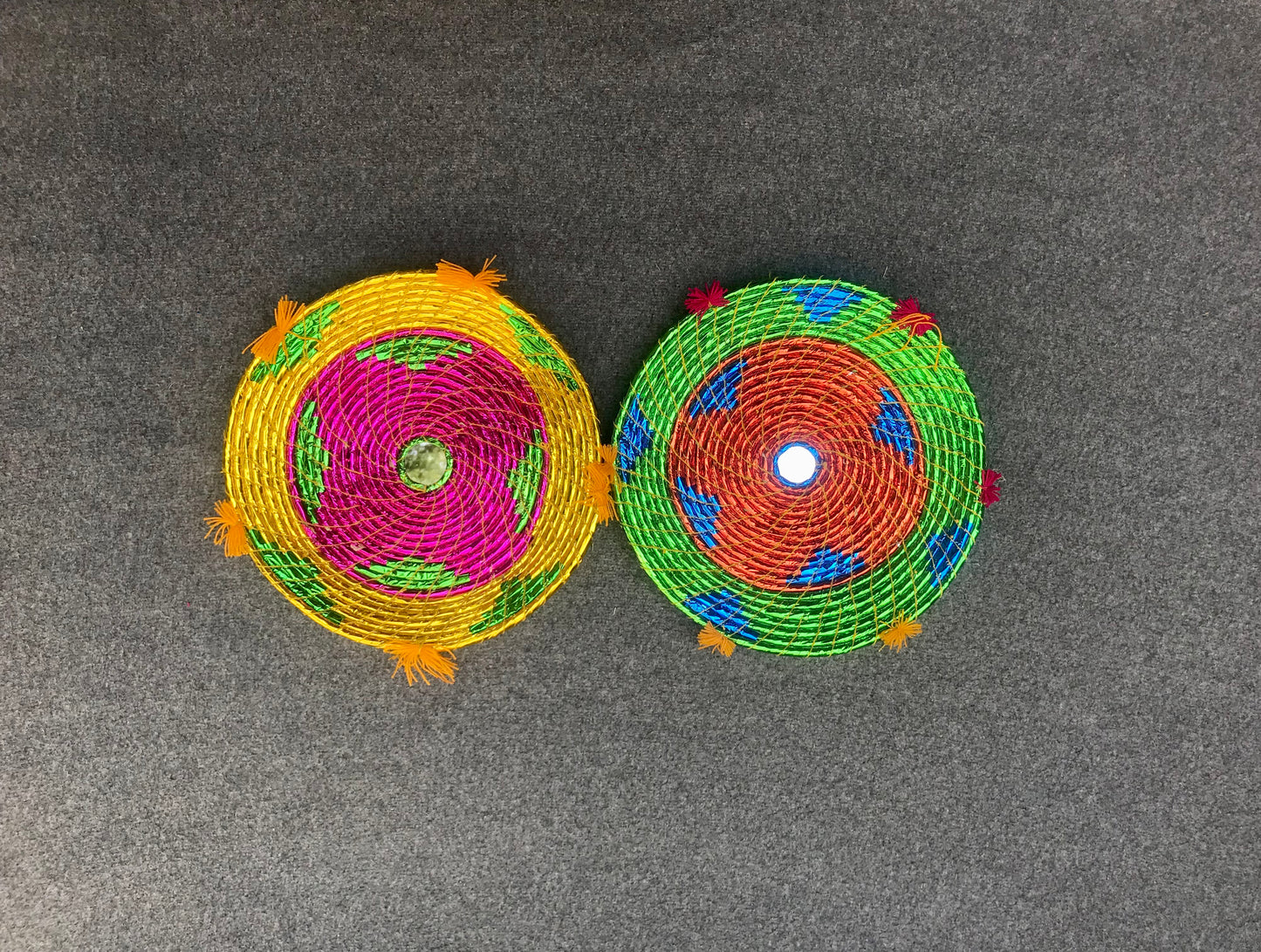 Set of 4 Date Palm Leaf Handmade Bread Baskets / Changair / Chhabi – 12 Inches | Multicolored Wall Décor & Serving Baskets