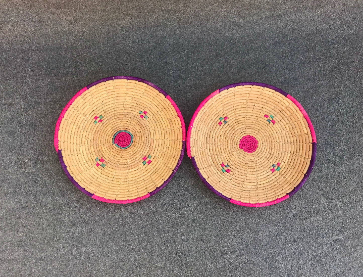 Set of 2 Eco Friendly Handmade Bread Baskets / Changair / Chhabi – 12 Inches | Multicolored Wall Décor & Serving Baskets