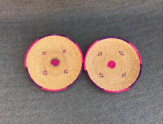 Set of 2 Eco Friendly Handmade Bread Baskets / Changair / Chhabi – 12 Inches | Multicolored Wall Décor & Serving Baskets