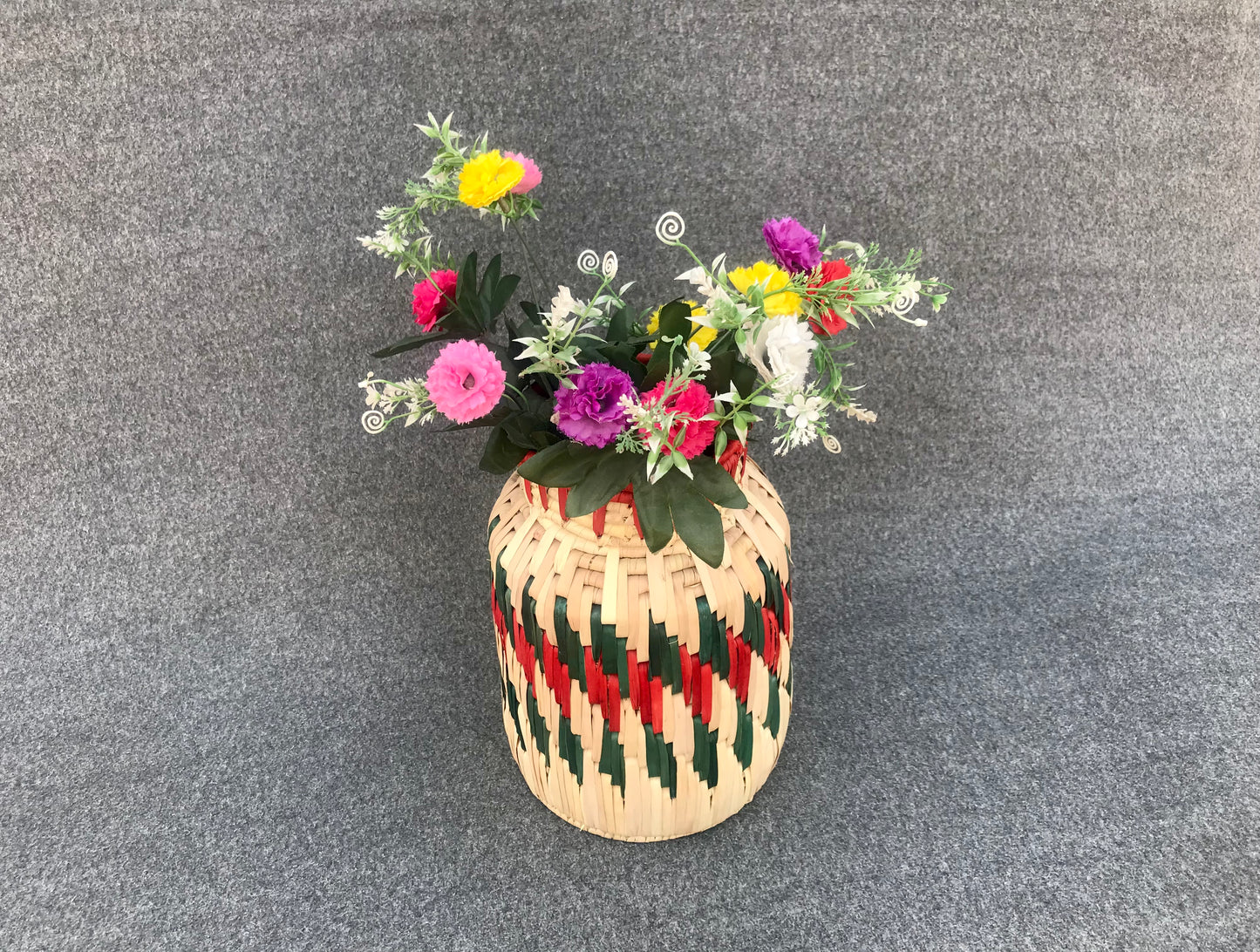 Date Palm Leaf Handmade Multicolor Floral Flower Vase | 12x8 Inch Premium Craft | Snacks & Dry Fruits Jar – Cultural Dukaan