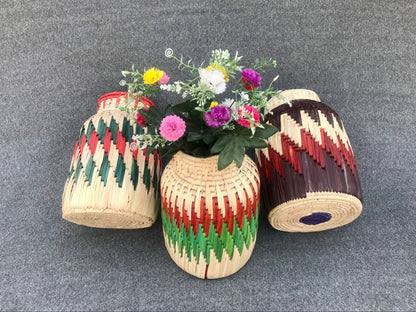 Date Palm Leaf Handmade Multicolor Floral Flower Vase | 12x8 Inch Premium Craft | Snacks & Dry Fruits Jar – Cultural Dukaan