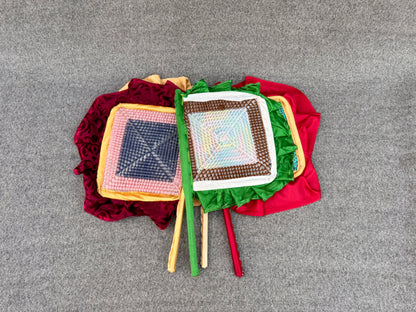 Bundle of 5 Traditional Handmade Straw & Pashmina Thread Multicolor Handfans