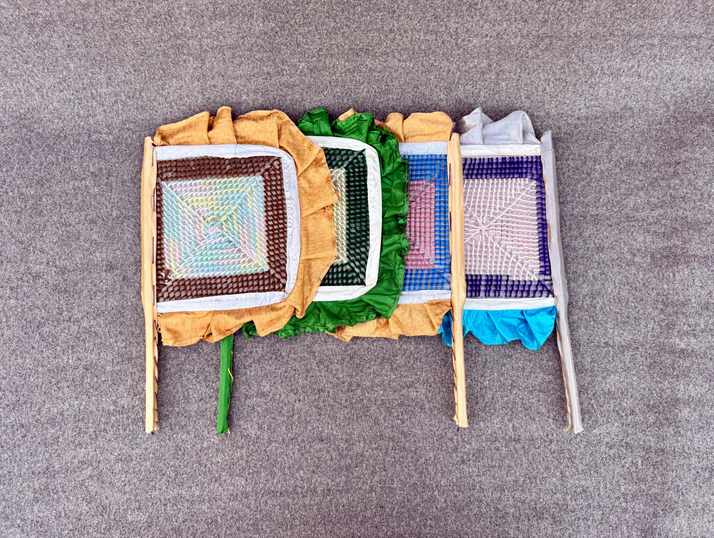Bundle of 5 Traditional Handmade Straw & Pashmina Thread Multicolor Handfans