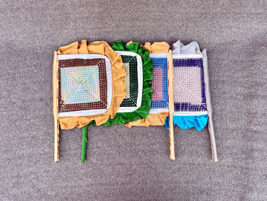 Bundle of 5 Traditional Handmade Straw & Pashmina Thread Multicolor Handfans