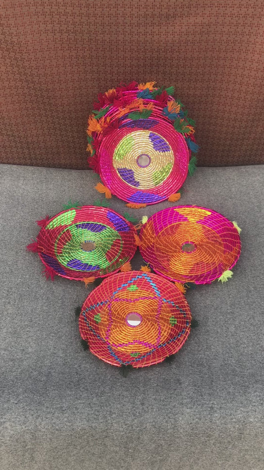Set of 4 Handmade Date Palm Leaf Colourful Chaabi Wall Décor (12 Inches)